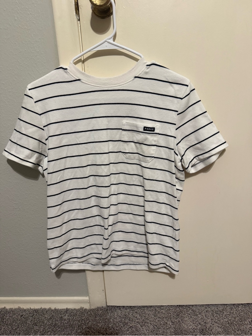 PARKE x target White Tee with Thin Navy Stripes and Chest Pocket